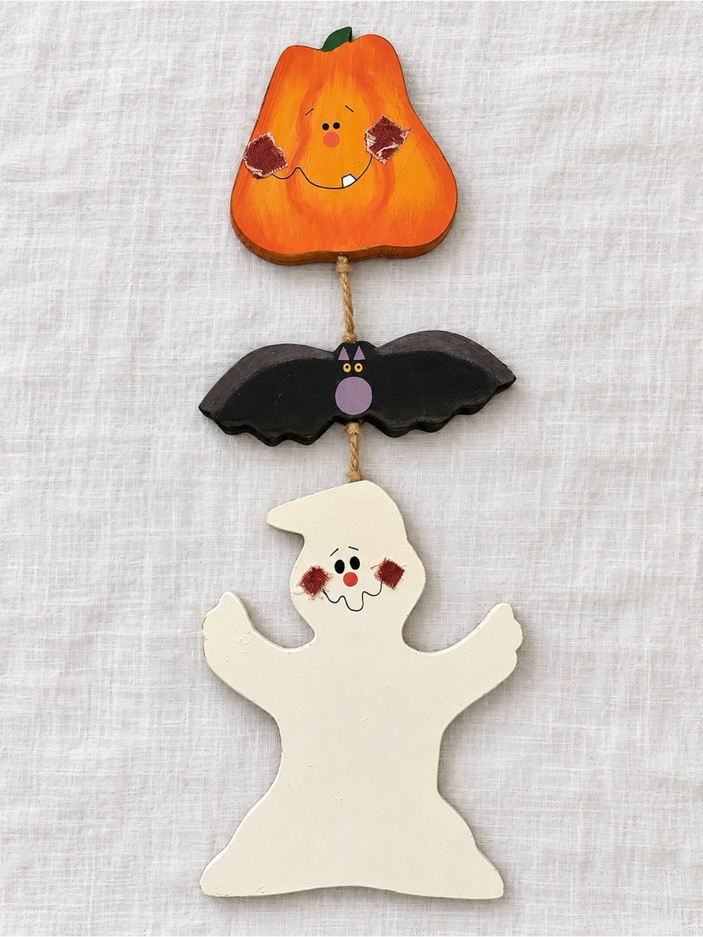 Vintage Hand Painted Wooden Halloween Hanging Decor Ghost Bat Pumpkin 16”